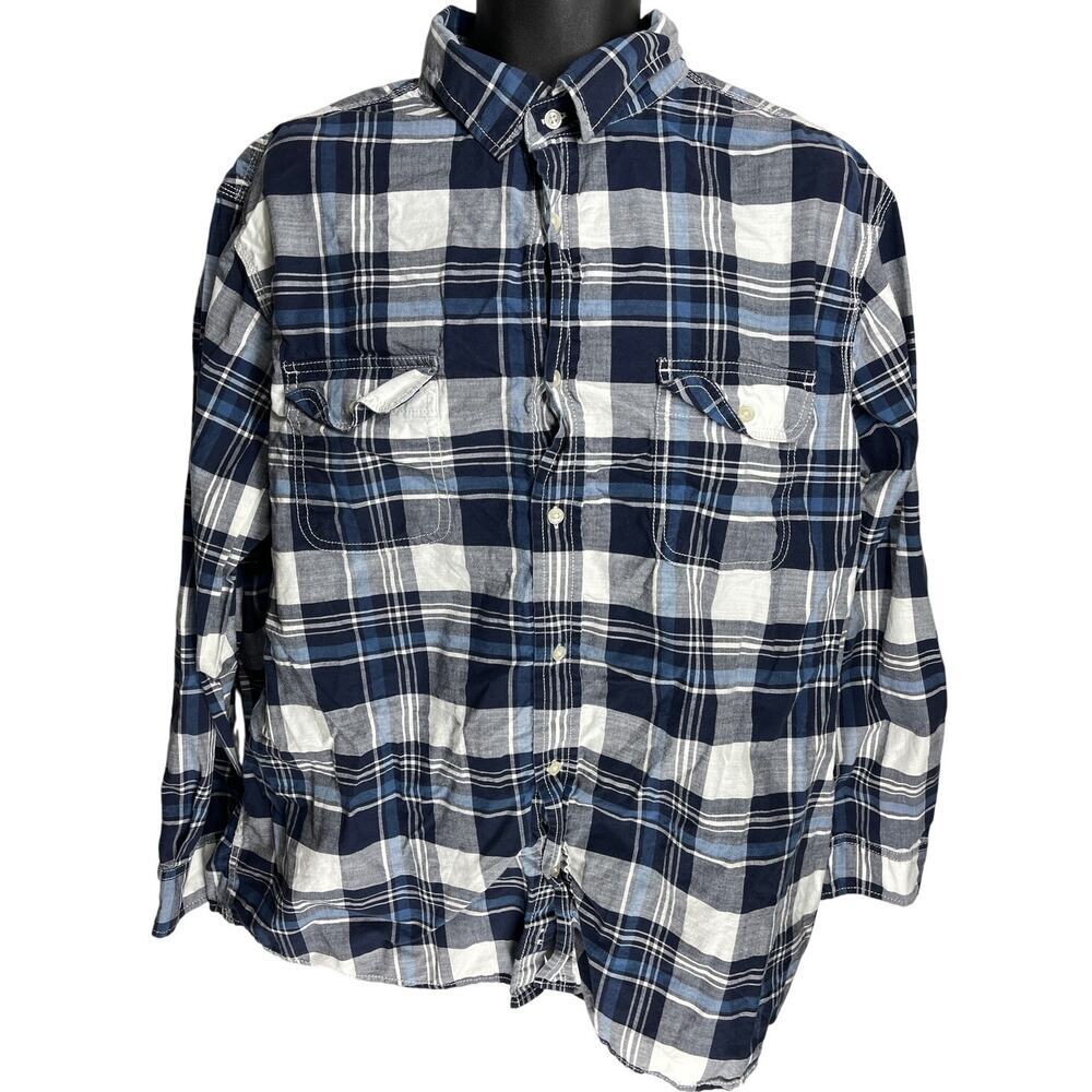 Sonoma Button Up Shirt Men XL Blue White Plaid Long Sleeve Pocket 100% Cotton